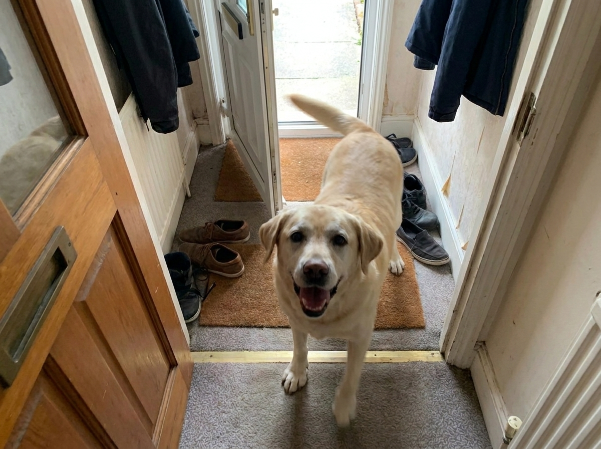 A happy yellow Labrador greeting at a front door, mid-motion