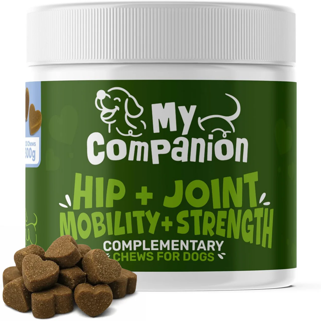 MyCompanion Hip and Joint Chews product tub with heart-shaped chews