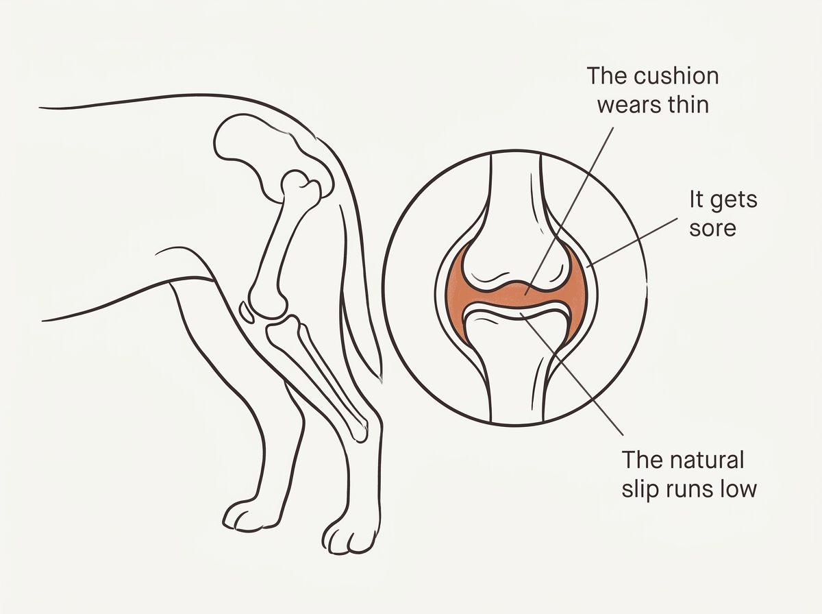 Diagram showing how a dog's joint cushion wears thin, gets sore, and loses natural slip