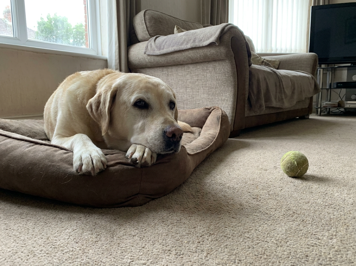 A yellow Labrador resting on a dog bed in a quiet living room