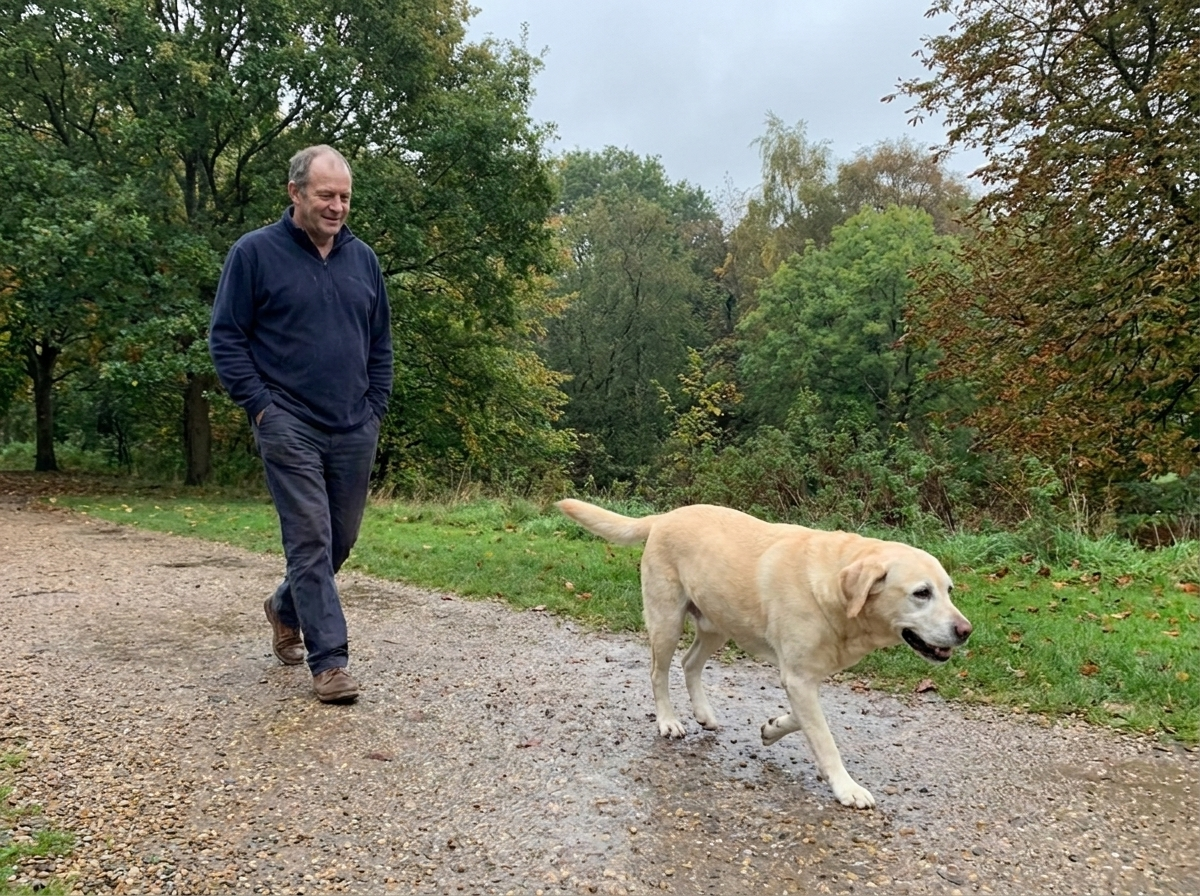 A man walking a yellow Labrador on a wooded path