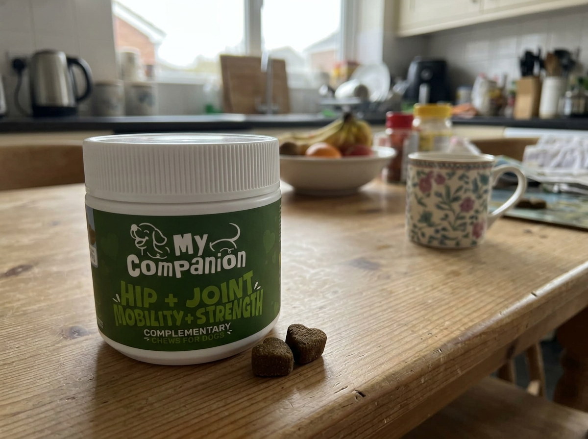 MyCompanion Hip and Joint Chews tub on a kitchen table with two heart-shaped chews